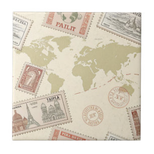 Vintage Postage Stamp World Map Travel (1) Tile