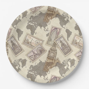 Vintage Postage Stamp World Map Travel (2) Paper Plate