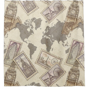Vintage Postage Stamp World Map Travel (2) Shower Curtain