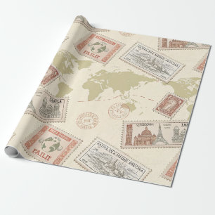 Vintage Postage Stamp World Map Travel Wrapping Paper
