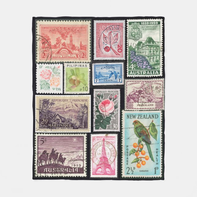 Vintage Postage Stamps Floral Fleece Blanket (Front)