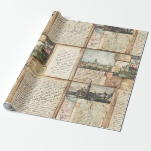 Vintage Postcard Collage with European Letters Wrapping Paper