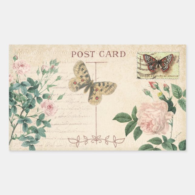 Vintage Postcard Pink Rose & Butterfly Scrapbook Rectangular Sticker (Front)