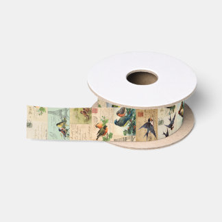 Vintage Postcard Watercolor Birds Post Ribbon Wrap Satin Ribbon