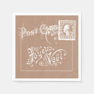 Vintage Postcard White on Kraft Christmas Napkin