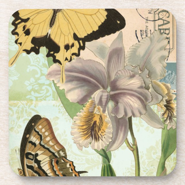 Vintage Postcard with Butterflies and Flowers Coaster (Front)