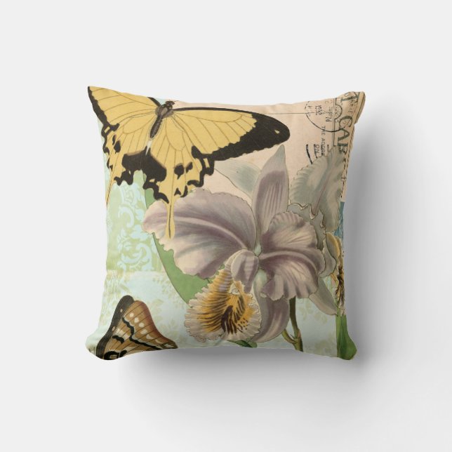 Vintage Postcard with Butterflies and Flowers Cushion (Front)