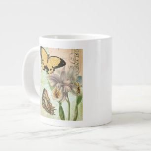 Vintage Postcard with Butterflies and Flowers Large Coffee Mug