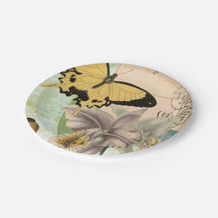 Vintage Postcard with Butterflies and Flowers Paper Plate