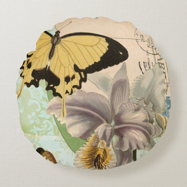 Vintage Postcard with Butterflies and Flowers Round Cushion (Front)