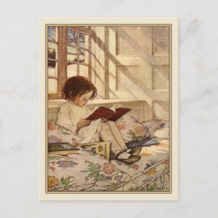 Vintage Postcard with Sweet Girl Reading