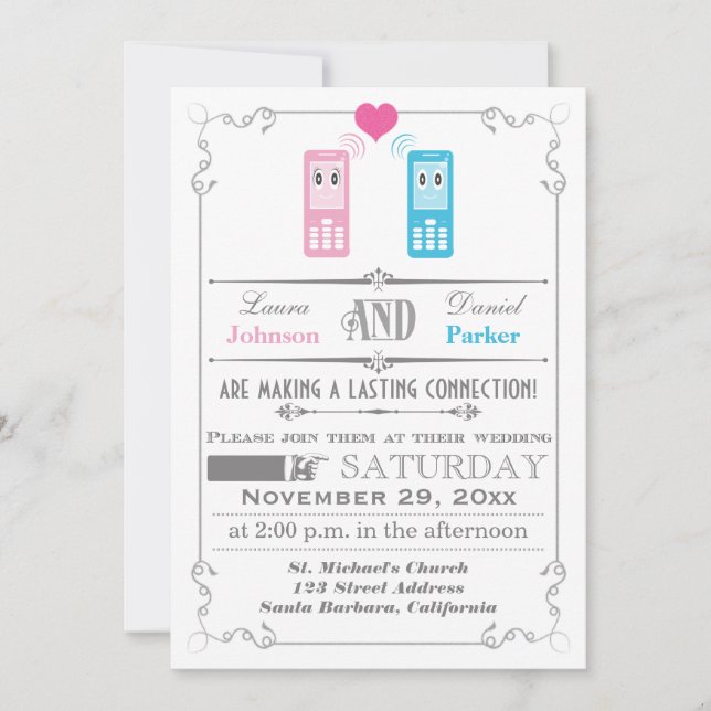 Vintage Poster, Cell Phone Love Wedding Invitation (Front)