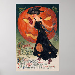Vintage Poster Halloween Witch & Pumpkin