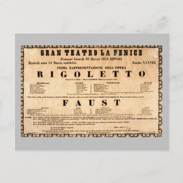 Vintage Poster of Rigoletto opera premiere (1851) Postcard (Front)