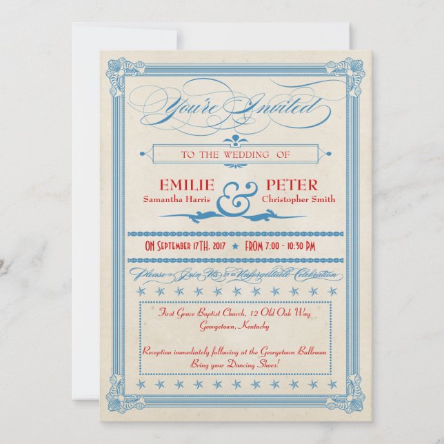Vintage Poster Red, White & Blue Wedding Invitation (Front)