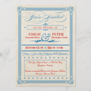 Vintage Poster Red, White & Blue Wedding Invitation