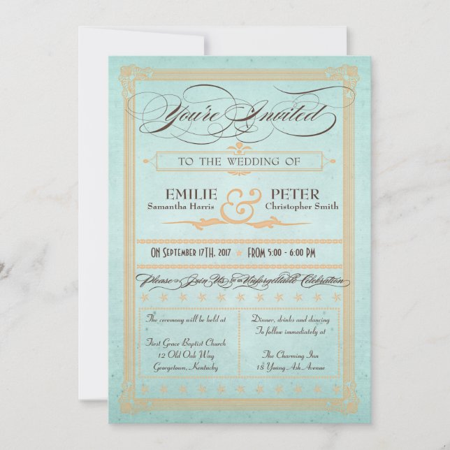 Vintage Poster Style Blue Wedding Invitation (Front)