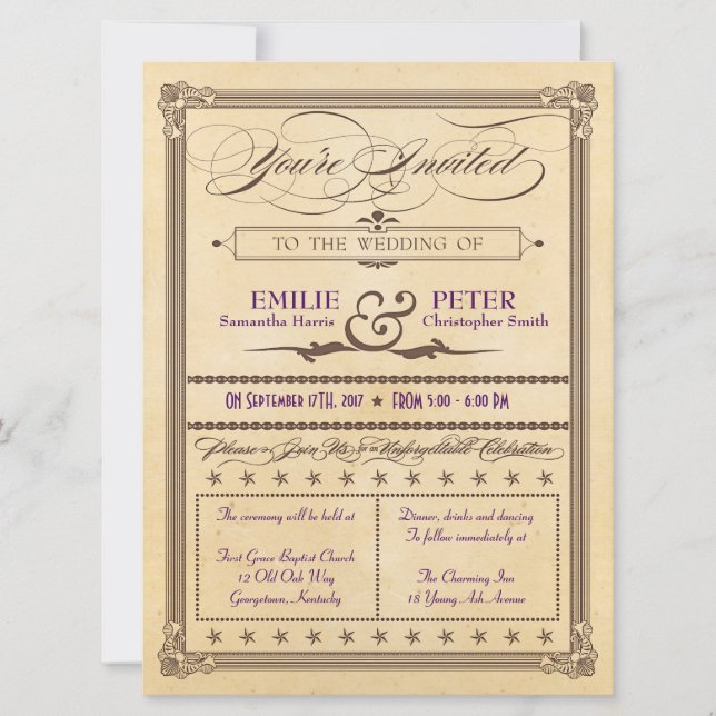 Vintage Poster Style Cream & Brown Wedding Invite (Front)