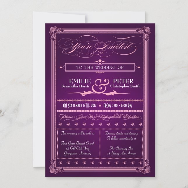 Vintage Poster Style Purple Wedding Invitations (Front)
