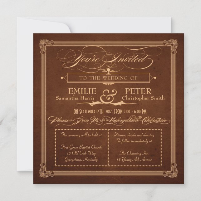 Vintage Poster Style Rich Brown Square Wedding Invitation (Front)