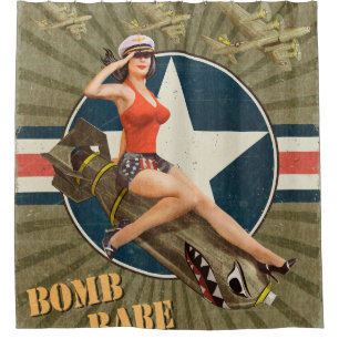 Vintage poster with pin-up girl on bomb. abstract, shower curtain