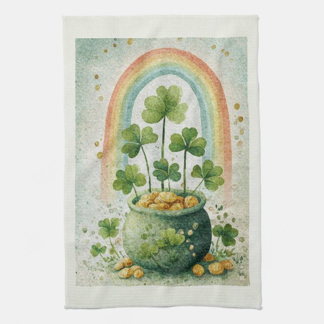 Vintage Pot of Gold and Rainbow Tea Towel (Vertical)