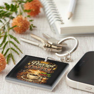 Vintage Powered by Coffee – Retro Coffee Lover Des Key Ring