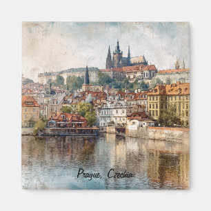 Vintage Prague Czechia Watercolor Painting Magnet