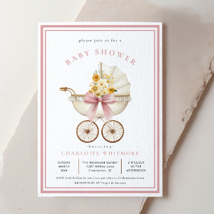 Vintage Pram Baby Shower   Blush & Golden Florals Invitation