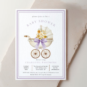 Vintage Pram Baby Shower Lavender & Golden Floral Invitation