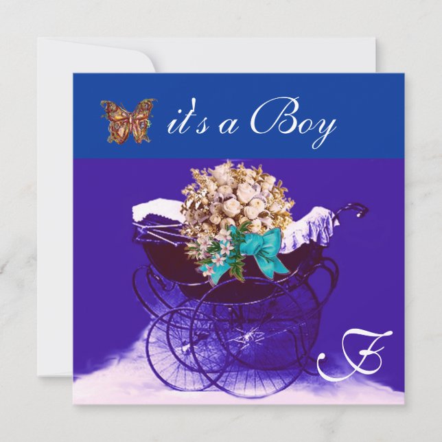VINTAGE PRAM,FLOWERS,BUTTERFLIES BABY BOY SHOWER INVITATION (Front)