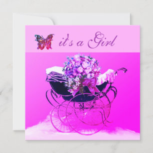 VINTAGE PRAM,FLOWERS,BUTTERFLIES PINK BABY SHOWER INVITATION