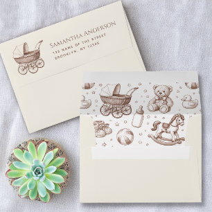 Vintage Pram & Toys Sepia Brown Ivory Baby Shower Envelope