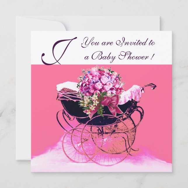 VINTAGE PRAM WITH FLOWERS BABY SHOWER MONOGRAM INVITATION (Front)