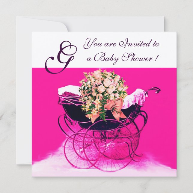 VINTAGE PRAM WITH FLOWERS BABY SHOWER MONOGRAM INVITATION (Front)