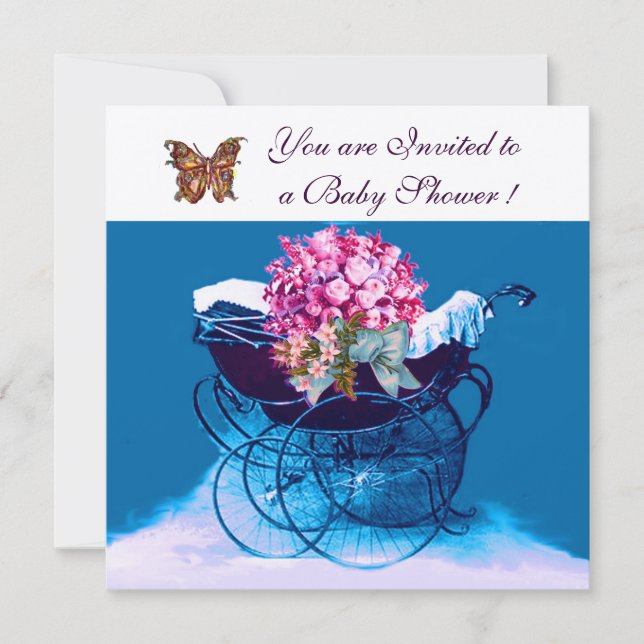 VINTAGE PRAM WITH FLOWERS,BUTTERFLIES BABY SHOWER INVITATION (Front)