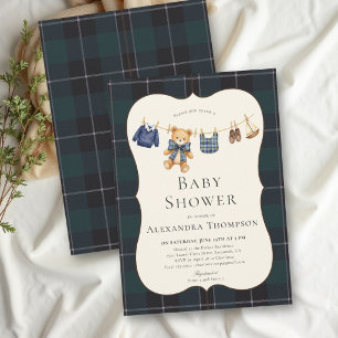 Vintage Preppy Plaid Clothesline Boy Baby Shower Invitation