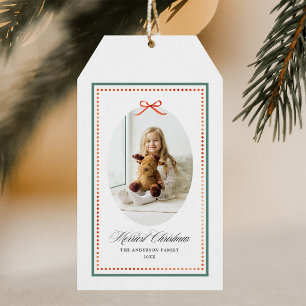 Vintage Preppy Red Bow Green Christmas Photo Gift Tags