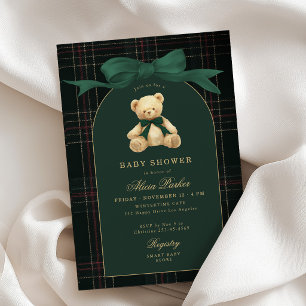 Vintage preppy teddy bear green plaid baby shower invitation