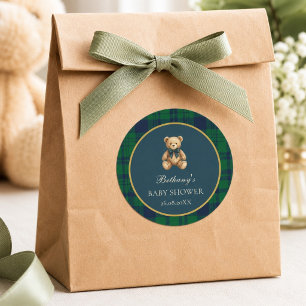 Vintage Preppy Teddy Bear Green Plaid Favour Classic Round Sticker