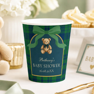 Vintage Preppy Teddy Bear Green Plaid Party Paper Cups