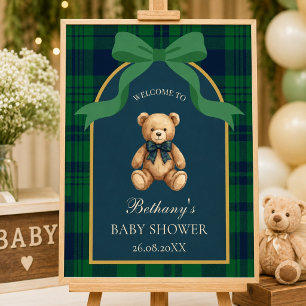 Vintage Preppy Teddy Bear Green Plaid Welcome Poster