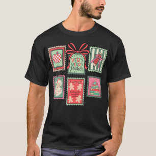 Vintage Preppy Very Merry Teacher Santa Stamps Chr T-Shirt