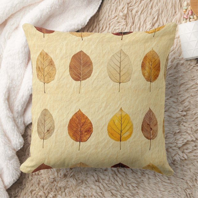 Vintage Pressed Fall Leaves Gold Brown Cream Cushion (Blanket)