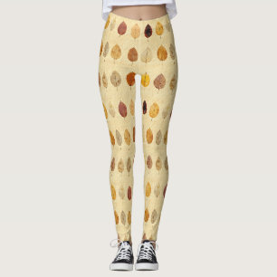 Vintage Pressed Fall Leaves Gold Brown Cream Leggings