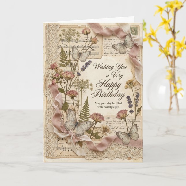 Vintage Pressed Flower Butterfly Birthday Card (Yellow Flower)