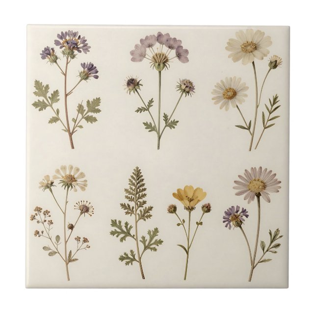 Vintage Pressed Wildflower Botanical Pattern Tile (Front)