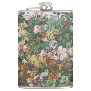 Vintage pretty colourful flowers floral painting hip flask