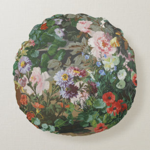 Vintage pretty colourful flowers floral painting round cushion