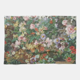 Vintage pretty colourful flowers floral painting tea towel